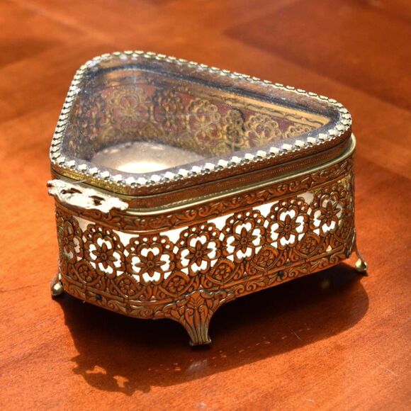 Vintage Ormolu Beveled Glass Filigree Footed Jewelry Box - Velvet Interior - Picture 1 of 8